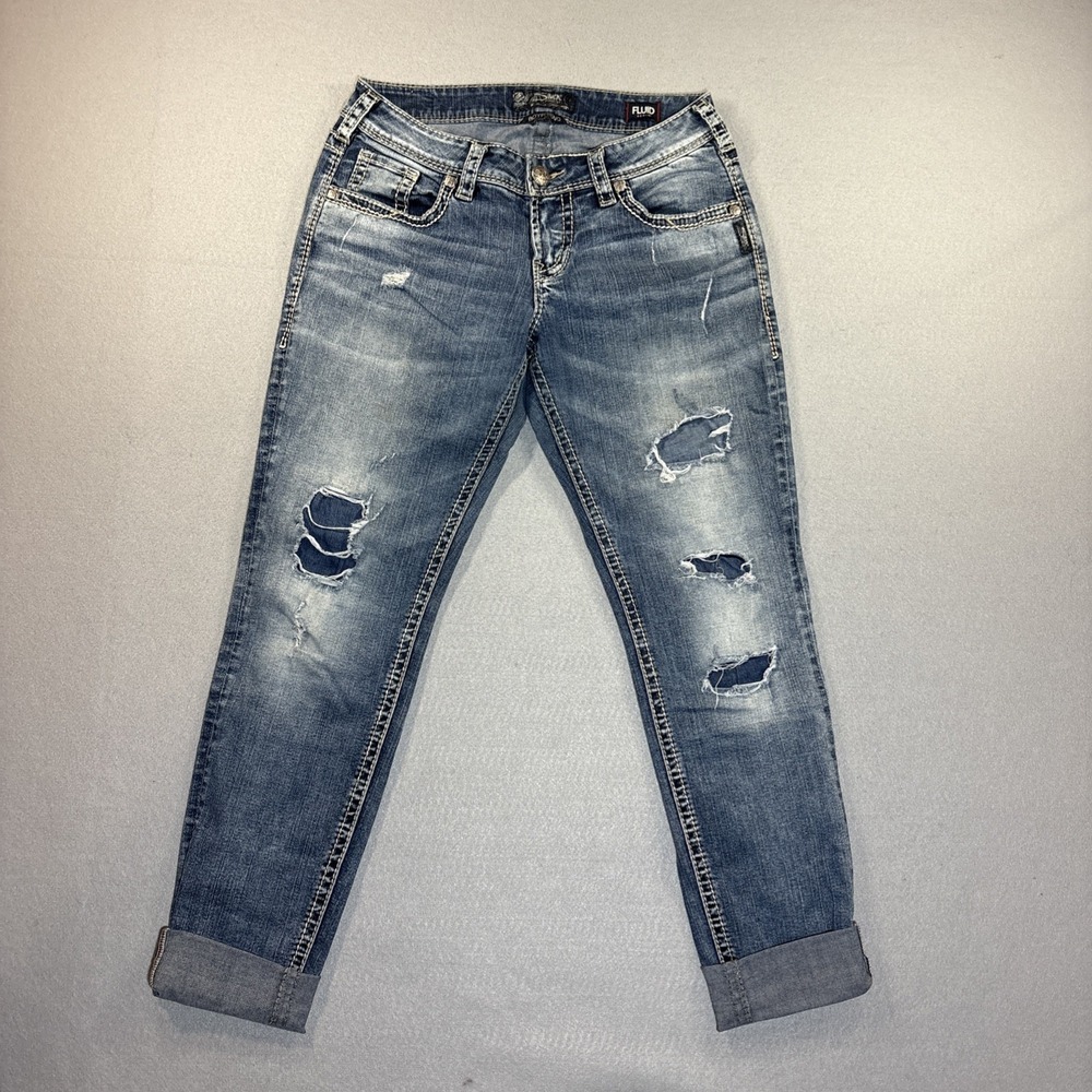 Silver Jeans Co. Boyfriend Jeans Women 27x29 (30x31) Stretch Mid Rise Distressed